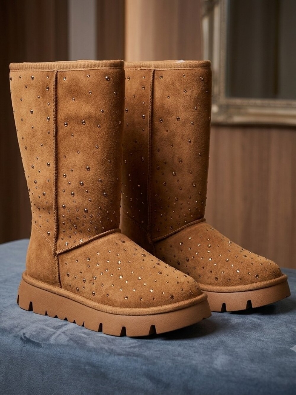 White Mountain Tripp Mid Calf Boots Women's Size 6, Chestnut Rhinestone Lug Sole